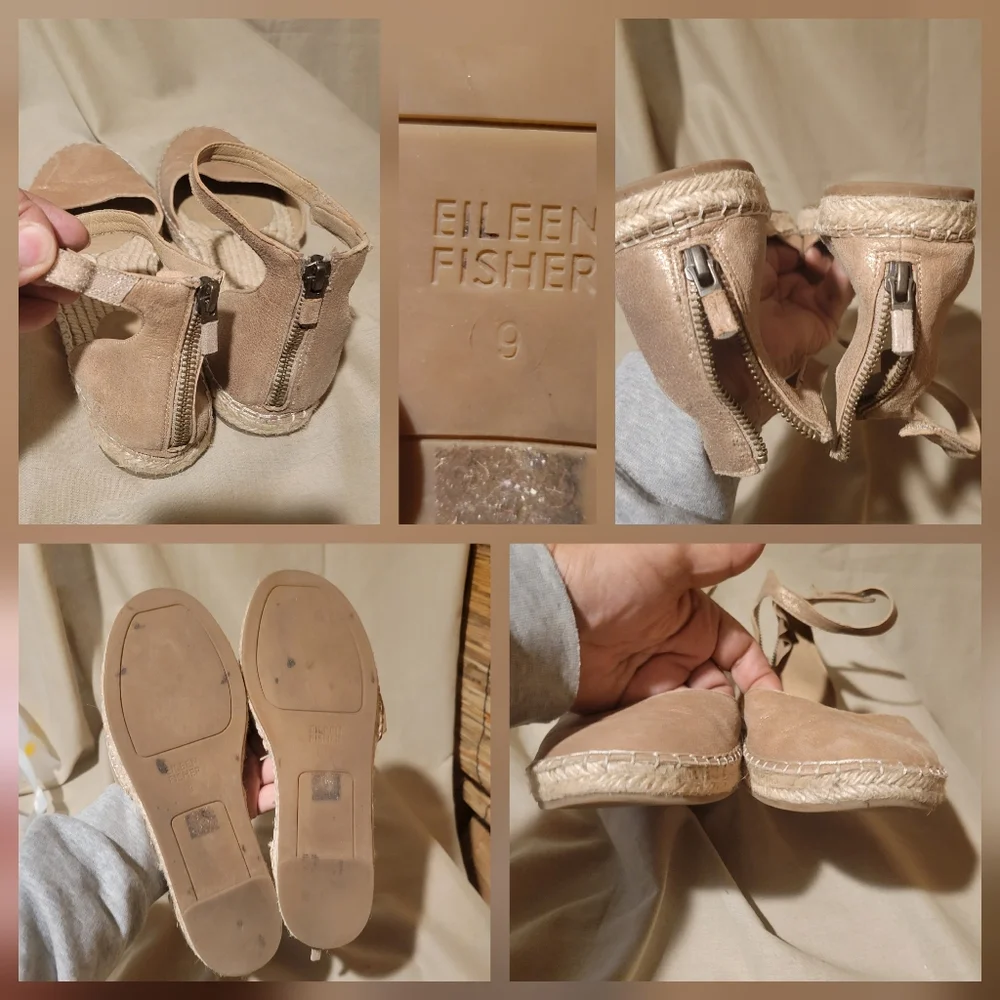 Eileen Fisher Espadrille Lala Tumbled Metalic Leather Flat Shoes Women's